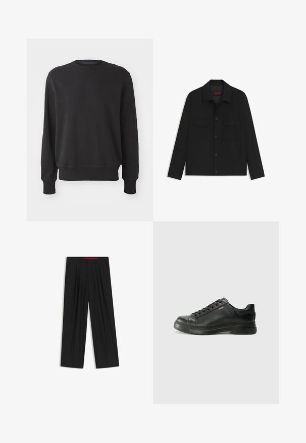 Black jacket featuring a button-up front, two chest pockets, and a collared neck. Made from smooth fabric with a structured design.; Black crewneck sweatshirt made of soft fabric; features long sleeves, ribbed cuffs and hem, with a relaxed fit and minimal design.; Black wide-leg trousers with a flat front, two side pockets, pleated design, and a contrasting red interior waistband.; Black leather sneaker with textured upper, padded collar, and red logo detail. Features a thick rubber sole with distinct tread pattern.