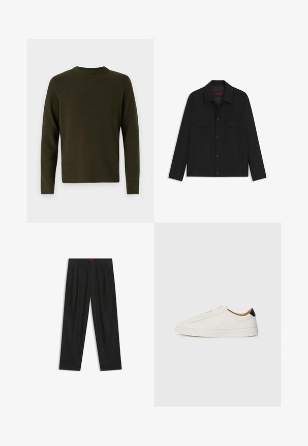 Svart jacka med knappstängning fram, två bröstfickor och krage. Tillverkad av slät tyg med en strukturerad design.; Mörkgrön stickad tröja med långa ärmar, rundad halsringning och en jämn textur. Inga synliga mönster eller detaljer. Klassisk passform.; Svarta byxor med vikta detaljer, bred benform och en slät textur. Har en röd midjebandsetikett.; Vit sneaker med ett slätt läderöverdrag, rund tå och platt sula. Svart detalj vid hälen, med tonade snörning och minimal märkning.