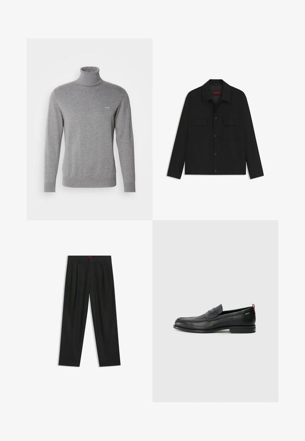 Schwarze Jacke mit knöpfbarem vorderen Verschluss, zwei Brusttaschen und Kragen. Aus glatt gewebtem Stoff mit strukturiertem Design.; GANT CLASSIC ROLLERNECK - Strickpullover - dark grey melange; Schwarze Hose mit einem gefältelten Design, weiter Beinform und glatter Textur. Verfügt über ein rotes Taillenlabel.; Schwarze Lederloafers mit einem strukturierten Vorderteil und glatten Seiten. Sie verfügen über einen schmalen Absatz und eine Schlaufe an der Rückseite für einfaches Anziehen. Klassisches Design.