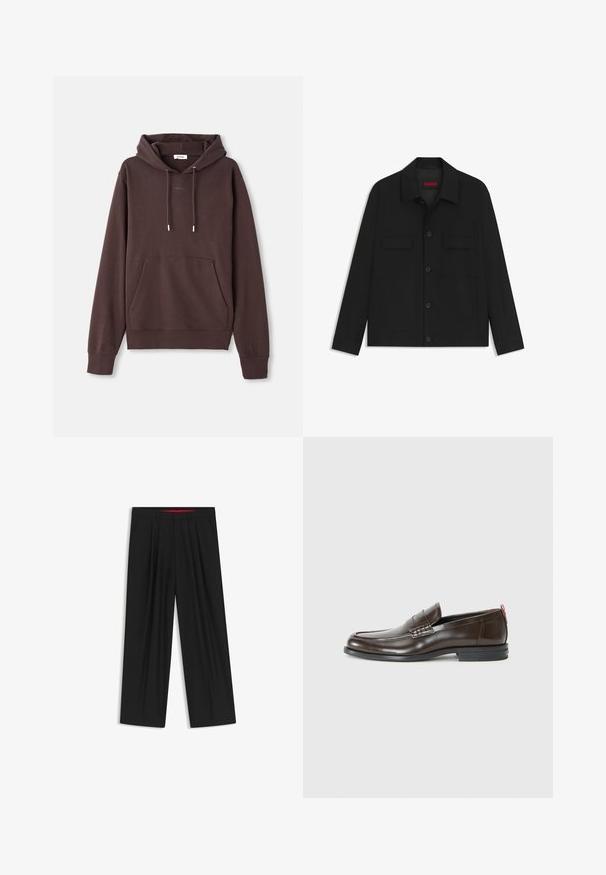 Giacca nera con chiusura a bottoni, due tasche sul petto e colletto. Realizzata in tessuto liscio con un design strutturato.; Felpa marrone realizzata in morbido cotone misto, con tasca frontale, coulisse regolabile e dettaglio del logo ricamato vicino al colletto.; Pantaloni neri a gamba larga con fronte piatto, due tasche laterali, design plissettato e un elastico in vita di colore rosso a contrasto.; Mocassini in pelle marrone con una finitura liscia, punta tonda, cuciture decorative e un accento rosso a contrasto sul tallone. Suola in gomma.