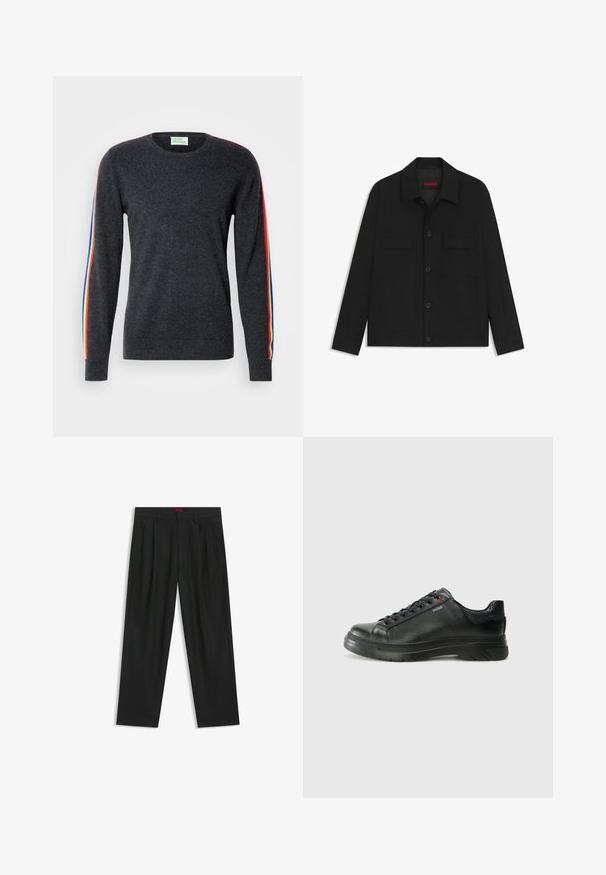 Schwarze Jacke mit knöpfbarem vorderen Verschluss, zwei Brusttaschen und Kragen. Aus glatt gewebtem Stoff mit strukturiertem Design.; Dunkelgrauer Pullover mit langen Ärmeln, der Regenbogenstreifen entlang der Schultern hat. Hergestellt aus weichem Stoff mit Rundhalsausschnitt.; Schwarze Hose mit einem gefältelten Design, weiter Beinform und glatter Textur. Verfügt über ein rotes Taillenlabel.; Schwarze Leder-Sneaker mit strukturiertem Obermaterial, gepolstertem Kragen und rotem Logo-Detail. Verfügt über eine dicke Gummisohle mit markantem Profil.