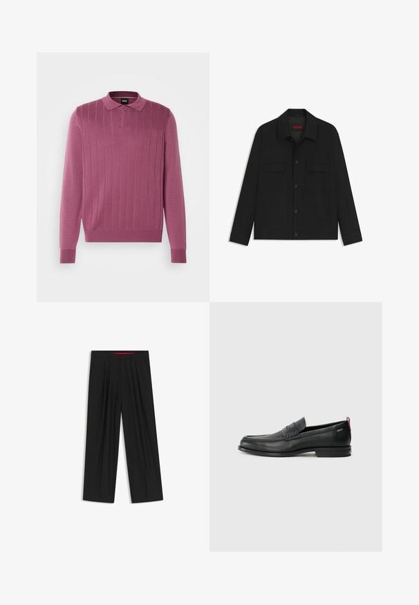 Black jacket featuring a button-up front, two chest pockets, and a collared neck. Made from smooth fabric with a structured design.; Knitted pullover in light mauve with ribbed texture, a polo collar, and a single button placket. Long sleeves with ribbed cuffs.; Black wide-leg trousers with a flat front, two side pockets, pleated design, and a contrasting red interior waistband.; Black leather loafers with a textured front panel and smooth sides. Features a slim heel and rear loop for easy wear. Classic design.