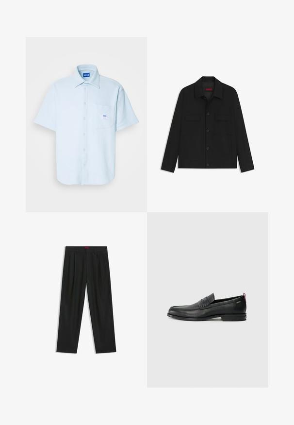 Zwarte jas met een knoopsluiting, twee borstzakken en een kraag. Gemaakt van gladde stof met een gestructureerd ontwerp.; Kortekorte lichtblauwe overhemden met knopen, textuurstof, kraag, voorzak met label en rechte zoom, geschikt voor casual kleding.; Zwarte broek met een geplooid ontwerp, wijde pijpen en een zachte textuur. Voorzien van een rode taillebandlabel.; Zwarte leren instappers met een textuur aan de voorkant en gladde zijden. Voorzien van een slanke hak en een lus aan de achterkant voor gemakkelijk aan- en uittrekken. Klassiek ontwerp.