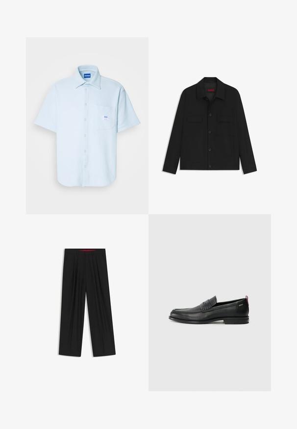 Black jacket featuring a button-up front, two chest pockets, and a collared neck. Made from smooth fabric with a structured design.; Short-sleeve light blue button-up shirt, textured fabric, collar, front pocket with label, and straight hem, suitable for casual wear.; Black wide-leg trousers with a flat front, two side pockets, pleated design, and a contrasting red interior waistband.; Black leather loafers with a textured front panel and smooth sides. Features a slim heel and rear loop for easy wear. Classic design.