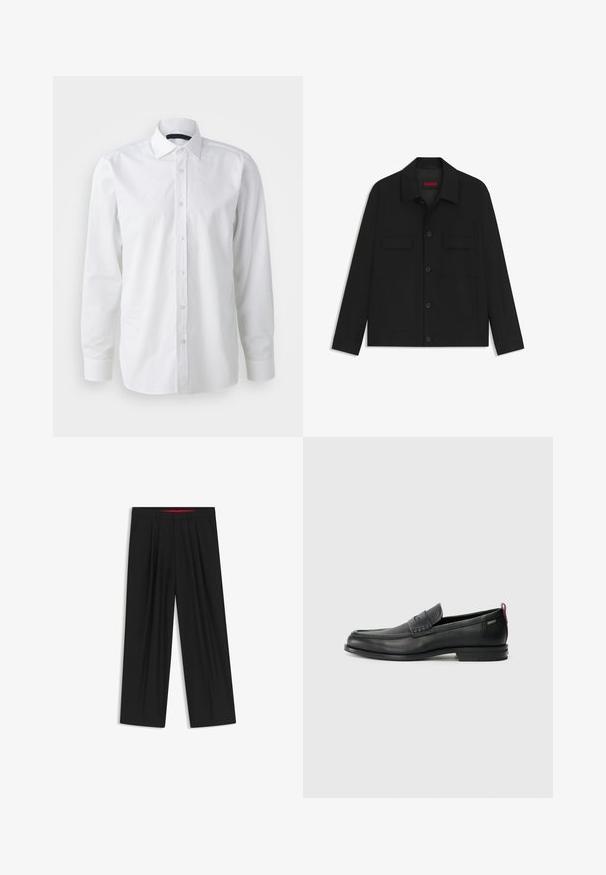Mustapaita, jossa on nappikiinnitys edessä, kaksi rintataskua ja kauluskangas. Valmistettu sileästä kankaasta, jolla on jämäkkä muotoilu.; Valkoinen pitkähihainen paita, joka on valmistettu puuvillasta. Siinä on klassinen kaulus, napitus edessä ja sileä rakenne, jossa on hienostunut kiilto.; Musta leveälahkeinen housu, jossa on litteä etuosa, kaksi sivupistettä, laskostettu muotoilu ja kontrastivärinen punainen vyötärön sisäosa.; Musta nahkakengät, joissa on teksturoitu etupaneeli ja sileät sivut. Varustettu kapealla kantapäillä ja takasilmukalla helppoa pukemista varten. Klassinen muotoilu.