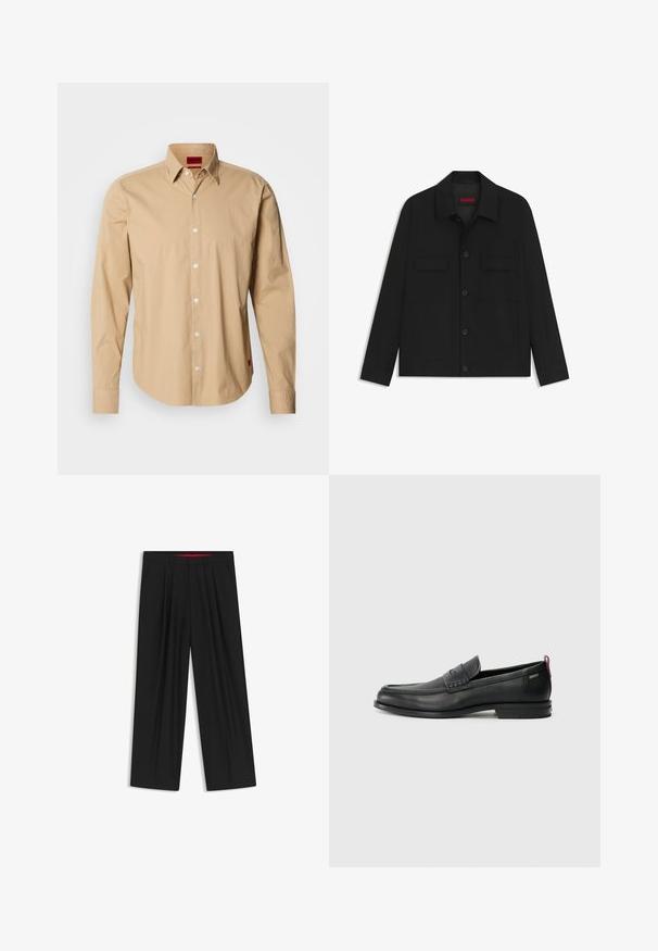 Giacca nera con chiusura a bottoni, due tasche sul petto e colletto. Realizzata in tessuto liscio con un design strutturato.; Camicia beige a maniche lunghe in cotone, con colletto button-down, bottoni frontali e un'etichetta rossa sul lato. Texture liscia.; Pantaloni neri a gamba larga con fronte piatto, due tasche laterali, design plissettato e un elastico in vita di colore rosso a contrasto.; Mocassini in pelle nera con un pannello anteriore testurizzato e lati lisci. Presentano un tacco sottile e un anello sul retro per una vestibilità facile. Design classico.