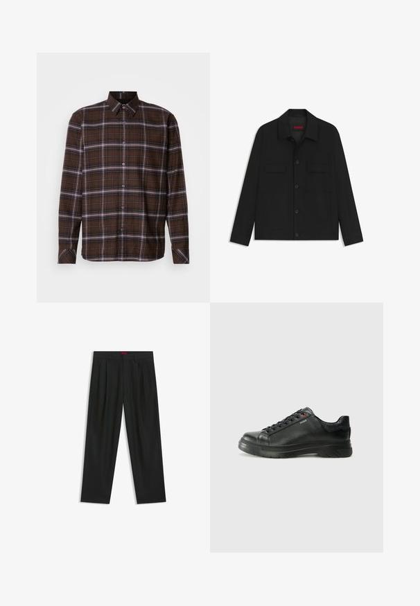 Giacca nera con chiusura a bottoni, due tasche sul petto e colletto. Realizzata in tessuto liscio con un design strutturato.; Camicia a maniche lunghe a quadri marrone con strisce bianche e nere, colletto a punta e polsini con bottone su sfondo neutro.; Pantaloni neri con un design plissè, forma a gamba larga e texture liscia. Presentano un'etichetta rossa in vita.; Sneaker nera in pelle con superficie testurizzata, collo imbottito e dettaglio logo rosso. Presenta una suola in gomma spessa con un motivo di battistrada distintivo.