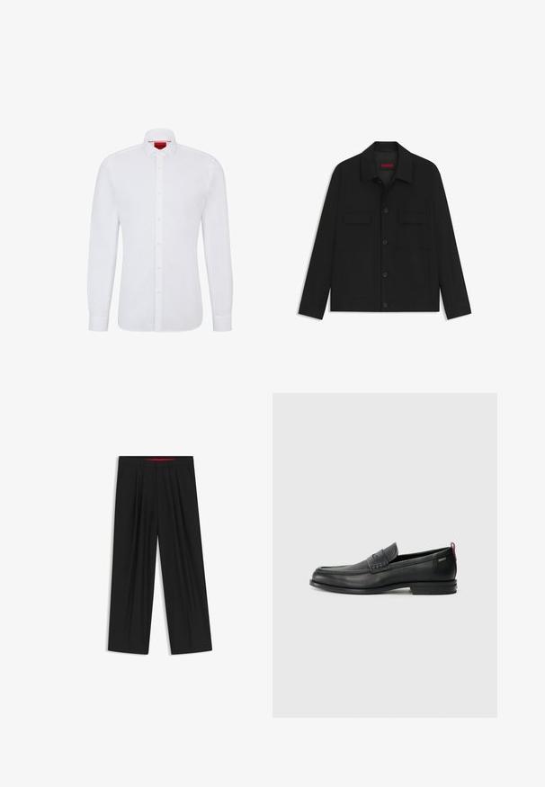 Schwarze Jacke mit knöpfbarem vorderen Verschluss, zwei Brusttaschen und Kragen. Aus glatt gewebtem Stoff mit strukturiertem Design.; Weißes langärmliges Hemd aus Baumwolle mit Knopfverschluss, klassischem Kragen und subtiler Textur, mit einem roten Logo auf dem inneren Kragen.; Schwarze weit geschnittene Hosen mit flachem Bund, zwei seitlichen Taschen, gefaltetem Design und einem kontrastierenden roten Innenbund.; Schwarze Lederloafers mit einem strukturierten Vorderteil und glatten Seiten. Sie verfügen über einen schmalen Absatz und eine Schlaufe an der Rückseite für einfaches Anziehen. Klassisches Design.
