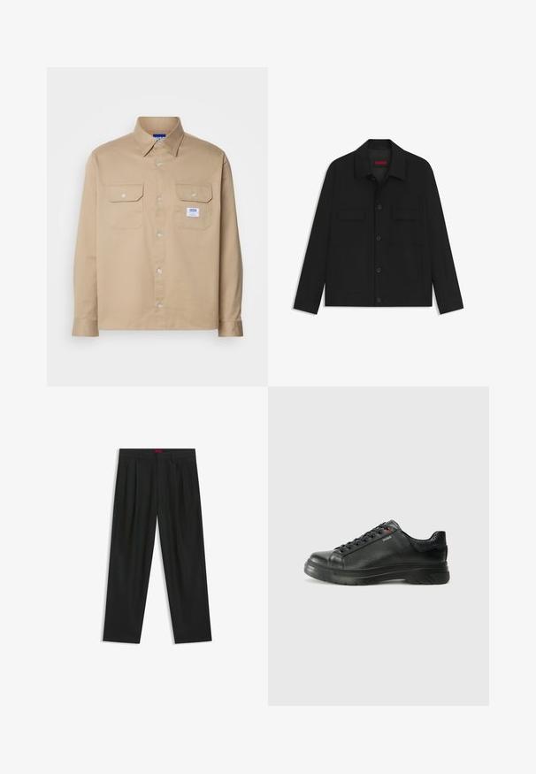 Giacca nera con chiusura a bottoni, due tasche sul petto e colletto. Realizzata in tessuto liscio con un design strutturato.; HUGO EKYNONE - Camicia - medium beige; Pantaloni neri con un design plissè, forma a gamba larga e texture liscia. Presentano un'etichetta rossa in vita.; Sneaker nera in pelle con superficie testurizzata, collo imbottito e dettaglio logo rosso. Presenta una suola in gomma spessa con un motivo di battistrada distintivo.