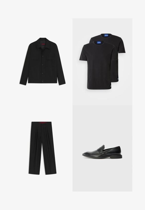 Black jacket featuring a button-up front, two chest pockets, and a collared neck. Made from smooth fabric with a structured design.; Two black cotton T-shirts with round necklines, short sleeves, and blue "HUGO" labels on the collars and side hems.; Black wide-leg trousers with a flat front, two side pockets, pleated design, and a contrasting red interior waistband.; Black leather loafers with a smooth texture, pointed toe, and a low rectangular heel. Features horizontal strap detail across the upper.