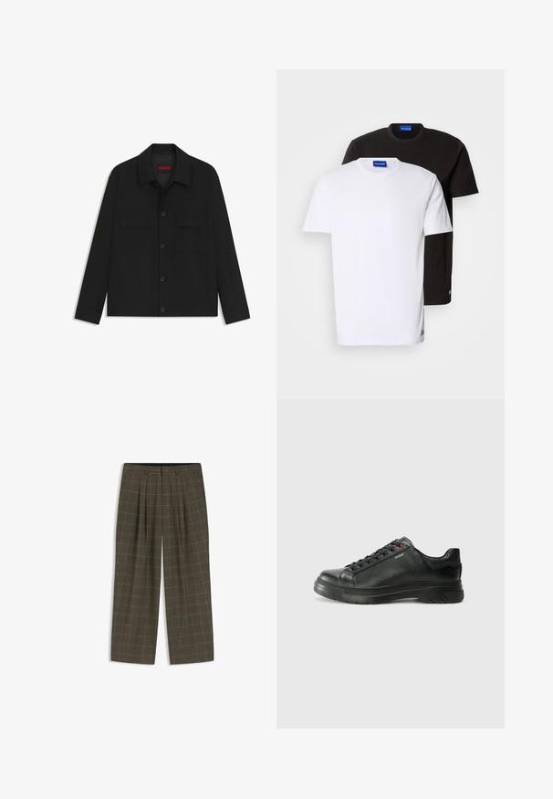 Sort jakke med knaplukning foran, to brystlommer og krave. Fremstillet af glat materiale med en struktureret design.; To T-shirts stablet: en hvid og en sort. Korte ærmer, runde halsudskæringer, stof af bomuld. Har et lille blåt logo ved halsudskæringen.; Brune rullede bukser med vidde ben, der har frontfolder og en glat kant. Fremstillet af et struktureret stof.; Sorte lædersneakers med tekstureret overdel, polstret krave og rødt logo-detajle. Har en tyk gummisål med tydeligt mønster.