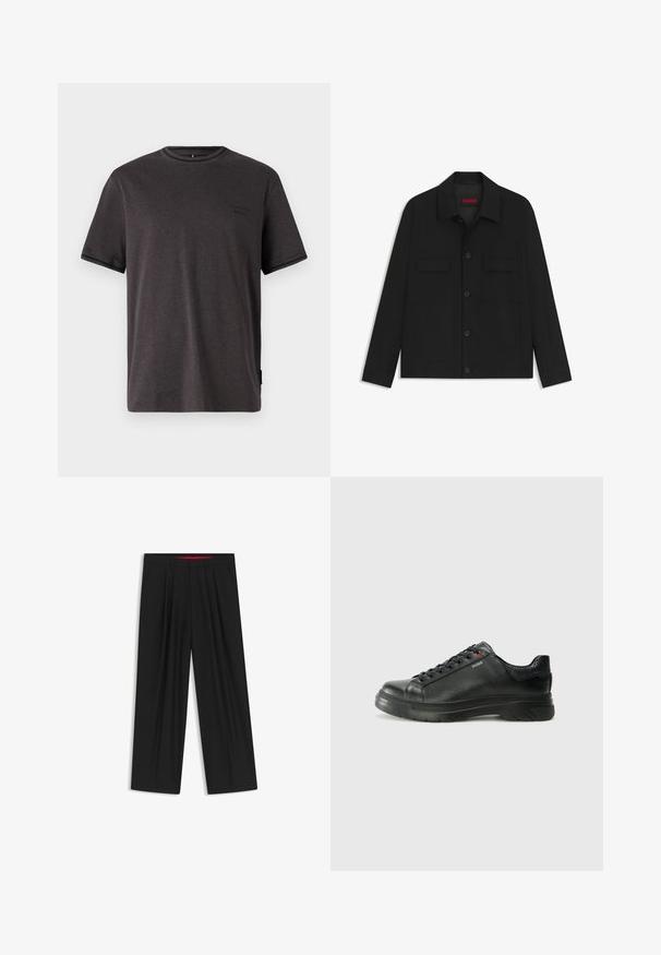 Svart jacka med knappstängning fram, två bröstfickor och krage. Tillverkad av slät tyg med en strukturerad design.; Kolgrå kortärmad T-shirt tillverkad av mjukt tyg. Har rund halsringning och en liten logotyp på bröstet. Slät yta.; Svarta vida byxor med slät front, två sidofickor, veckad design och en kontrasterande röd midjeresår.; Svart lädersneaker med texturerad ovandel, vadderat krage och röd logotypdetalj. Utrustad med en tjock gummisula med distinkt mönster.