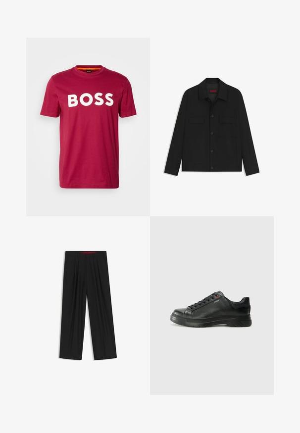 Black jacket featuring a button-up front, two chest pockets, and a collared neck. Made from smooth fabric with a structured design.; BOSS THINKING - Print T-shirt - open red; Black wide-leg trousers with a flat front, two side pockets, pleated design, and a contrasting red interior waistband.; Black leather sneaker with textured upper, padded collar, and red logo detail. Features a thick rubber sole with distinct tread pattern.