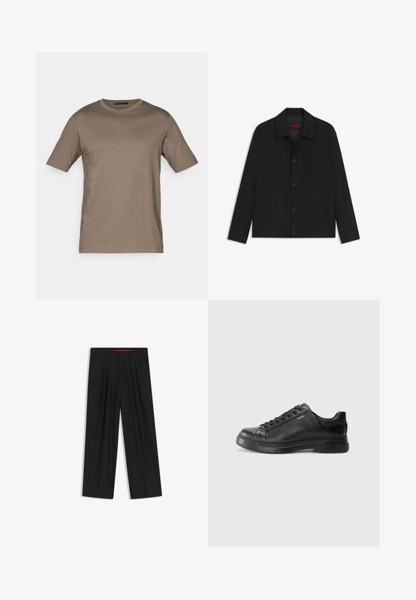 Svart jacka med knappstängning fram, två bröstfickor och krage. Tillverkad av slät tyg med en strukturerad design.; Brun t-shirt med kort ärm, tillverkad av mjukt material. Den har en rund halsringning och en avslappnad passform, med en jämn och slät textur.; Svarta vida byxor med slät front, två sidofickor, veckad design och en kontrasterande röd midjeresår.; Svart lädersneaker med texturerad ovandel, vadderat krage och röd logotypdetalj. Utrustad med en tjock gummisula med distinkt mönster.