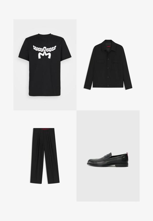 Black jacket featuring a button-up front, two chest pockets, and a collared neck. Made from smooth fabric with a structured design.; Black t-shirt made of cotton, featuring a large white graphic of a laurel wreath and abstract shapes on the front. Short sleeves and crew neck.; Black wide-leg trousers with a flat front, two side pockets, pleated design, and a contrasting red interior waistband.; Black leather loafers with a textured front panel and smooth sides. Features a slim heel and rear loop for easy wear. Classic design.