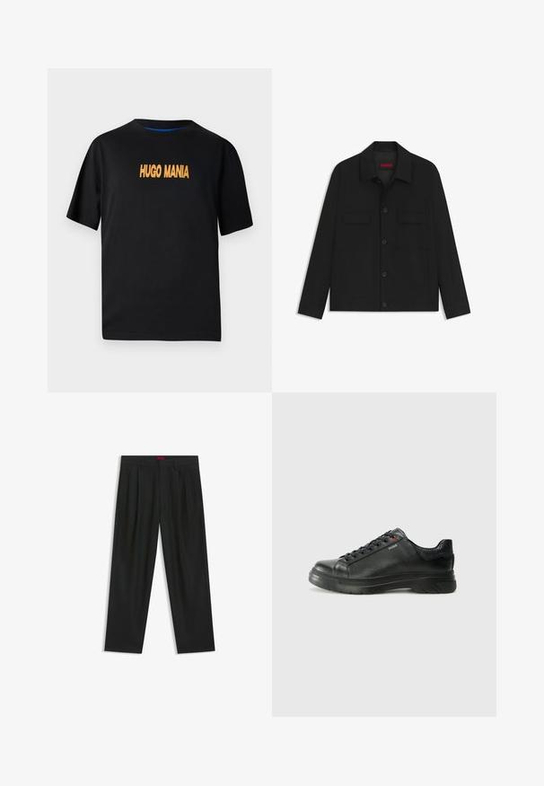 Sort jakke med knaplukning foran, to brystlommer og krave. Fremstillet af glat materiale med en struktureret design.; Sort bomulds T-shirt med korte ærmer, forsynet med "HUGO MANIA" trykt i orange på forsiden. Rund halsudskæring, afslappet pasform.; Sorte bukser med plisseret design, bred benform og en glat tekstur. Har et rødt taljetag.; Sorte lædersneakers med tekstureret overdel, polstret krave og rødt logo-detajle. Har en tyk gummisål med tydeligt mønster.