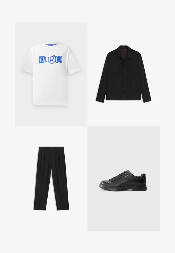 Mustapaita, jossa on nappikiinnitys edessä, kaksi rintataskua ja kauluskangas. Valmistettu sileästä kankaasta, jolla on jämäkkä muotoilu.; Valkoinen puuvillapaita, jossa on sininen graafinen logo ja tekstimuotoilu. Lyhyet hihat, pyöreä kaula-aukko ja rento istuvuus.; Mustat housut, joissa on poimutettu muotoilu, leveä lahjetyyppi ja sileä pinta. Varustettu punaisella vyötärötagilla.; Musta nahkakengät, joissa on teksturoidun pinnan, pehmustettu kaulus ja punainen logo. Kengissä on paksu kumipohja, jossa on selkeä uramalli.