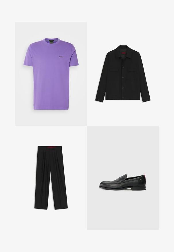 Schwarze Jacke mit knöpfbarem vorderen Verschluss, zwei Brusttaschen und Kragen. Aus glatt gewebtem Stoff mit strukturiertem Design.; BOSS TEE - T-Shirt basic - dark purple; Schwarze weit geschnittene Hosen mit flachem Bund, zwei seitlichen Taschen, gefaltetem Design und einem kontrastierenden roten Innenbund.; Schwarze Lederloafers mit einem strukturierten Vorderteil und glatten Seiten. Sie verfügen über einen schmalen Absatz und eine Schlaufe an der Rückseite für einfaches Anziehen. Klassisches Design.