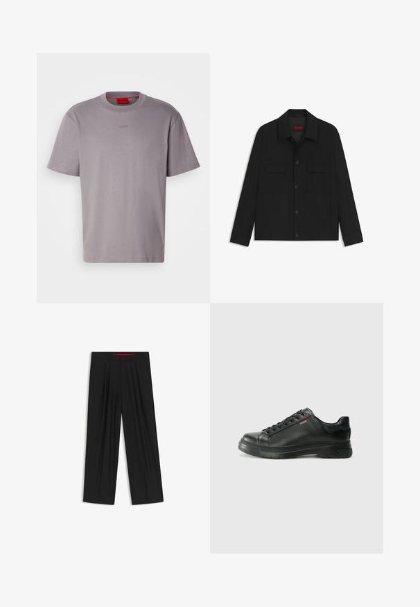 Svart jacka med knappstängning fram, två bröstfickor och krage. Tillverkad av slät tyg med en strukturerad design.; HUGO DAPOLINO - T-shirt - bas - grey; Svarta vida byxor med slät front, två sidofickor, veckad design och en kontrasterande röd midjeresår.; Svart lädersneaker med texturerad ovandel, vadderat krage och röd logotypdetalj. Utrustad med en tjock gummisula med distinkt mönster.