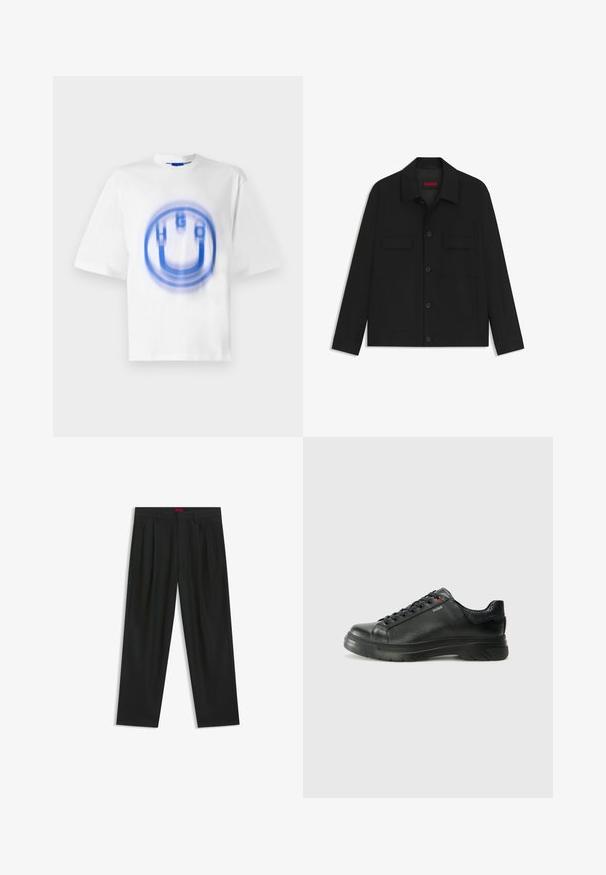 Sort jakke med knaplukning foran, to brystlommer og krave. Fremstillet af glat materiale med en struktureret design.; Hvid bomulds t-shirt med et blåt grafisk design af bogstaverne "HUGO" og en cirkulær form, med en let sløret effekt.; Sorte bukser med plisseret design, bred benform og en glat tekstur. Har et rødt taljetag.; Sorte lædersneakers med tekstureret overdel, polstret krave og rødt logo-detajle. Har en tyk gummisål med tydeligt mønster.