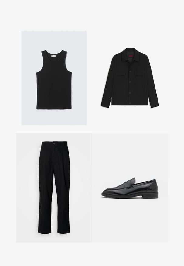 Sort jakke med knaplukning foran, to brystlommer og krave. Fremstillet af glat materiale med en struktureret design.; Sort bomulds tanktop med ribbet tekstur, der har en rund udskæring og brede ærmegab. Mærket er synligt ved halsen.; Sorte lige ben bukser med en knaplukket talje, bæltestropper og en frontfold, præsenteret mod en ensfarvet hvid baggrund.; Sorte læder loafers med en glat overflade, der har en rund tå og en smal bånd over det øverste. Lav stablet hæl.