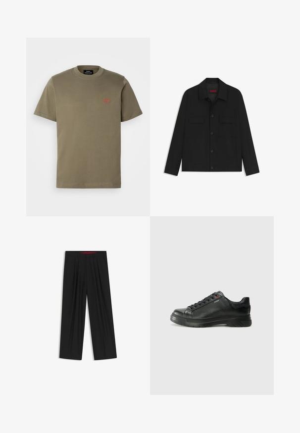 Czarna kurtka z guzikami z przodu, dwiema kieszeniami na piersi i kołnierzykiem. Wykonana z gładkiego materiału o strukturalnym fasonie.; Oliwkowa bawełniana koszulka z okrągłym dekoltem, krótkimi rękawami i małym, czerwonym haftowanym logo na lewej piersi.; Czarne spodnie szerokie o płaskim przodzie, z dwoma bocznymi kieszeniami, plisowanym wzorem i kontrastującym czerwonym wnętrzem pasa.; Czarne skórzane sneakersy z teksturowaną cholewką, miękkim kołnierzem i czerwonym logo. Posiadają grubą gumową podeszwę z wyraźnym wzorem bieżnika.