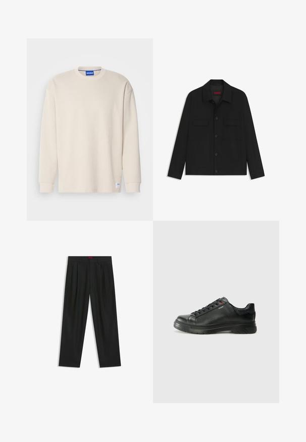 Veste noire avec un devant à boutons, deux poches poitrine et un col. Fabriquée en tissu lisse avec un design structuré.; Chemise en maille côtelée beige à manches longues avec un col rond et une étiquette logo cousue en bas à gauche. Texture douce et coupe décontractée.; Pantalons noirs avec un design plissé, une coupe large et une texture lisse. Présente une étiquette de taille rouge.; Sneaker en cuir noir avec une tige texturée, un col rembourré et un détail de logo rouge. Caractéristiques d'une épaisse semelle en caoutchouc avec un motif de semelle distinct.