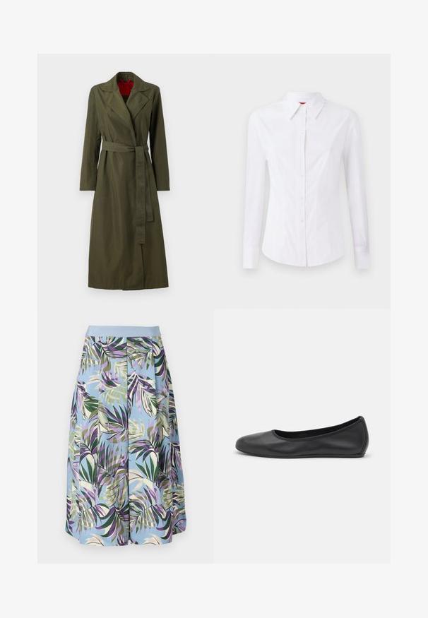 Olive green long trench coat with a collar, belted waist, and long sleeves. Interior features a red lining. Smooth, lightweight fabric.; White long-sleeve shirt with a pointed collar, front button closure, and fitted design. Smooth cotton fabric with subtle stitching details.; A knee-length skirt featuring a blue base with a vibrant tropical leaf pattern in green, purple, and beige, finished with a light blue waistband.; Black leather ballet flat with a rounded toe, smooth texture, minimal stitching detail, and a flexible sole design.