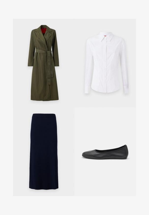 Trench coat lung de culoare verde măsliniu, cu guler, talie încinsă și mâneci lungi. Interiorul are o captuseală roșie. Material neted și ușor.; Cămașă albă cu mâneci lungi, guler ascuțit, închidere cu nasturi pe față și design ajustat. Material din bumbac neted cu detalii de cusătură subtile.; Fustă tricotată de culoare navy, cu o siluetă dreaptă, având o fente laterală pentru ușurința în mișcare. Materialul pare moale și elastic.; Balerini din piele neagră, cu vârf rotund, textură netedă, detalii de cusătură minimale și un design al tălpii flexibil.