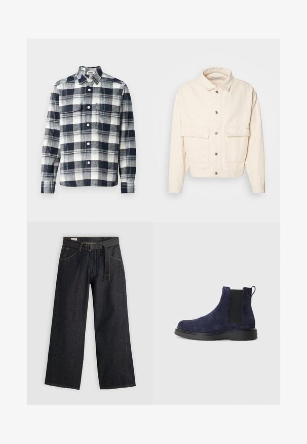 Krémová bavlněná bunda s límcem, předními knoflíky, dvěma velkými náprsními kapsami a dlouhými rukávy. Hladká textura a zkrácený střih.; Kostkovaná košile vyrobená z látky v námořnické modré a bílé barvě. Má límec s knoflíčky, přední kapsu a dlouhé rukávy.; Tmavé denimové kalhoty s širokými nohavicemi a páskem v pase, s předními kapsami a kontrastním prošíváním. Hladká textura s čistým designem.; Námořnické semišové Chelsea boty s elastickými bočními panely a poutkem. Černá gumová podešev s texturovaným povrchem pro lepší přilnavost a odolnost.
