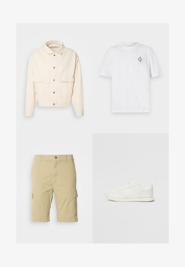 Krémová bavlnená bunda s golierom, prednými gombíkmi, dvoma veľkými vreckami na hrudi a dlhými rukávmi. Hladká textúra a skrátený strih.; Biela bavlnená tričko s voľným strihom, s malým čiernym grafickým logom na ľavej strane hrudníka. Krátke rukávy, okrúhly výstrih.; Khaki cargo šortky vyrobené z bavlny s hladkou textúrou, s bočnými vreckami a zapínaním na gombík v páse.; Biele tenisky s sieťovaným a syntetickým zvrškom, okrúly špička, ploché šnúrky a štruktúrovaný pruh na boku. Gumová podrážka s pútkom na zadnej strane.