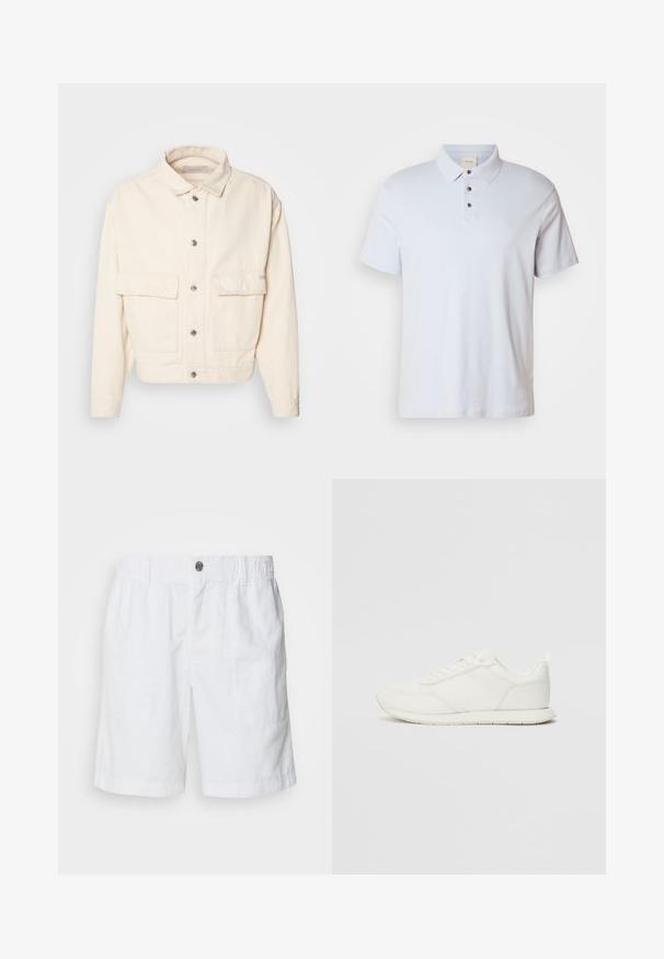 Jakna od pamučne tkanine boje kreme s ovratnikom, prednjim gumbima, dva velika džepa na grudima i dugim rukavima. Glatka tekstura i skraćeni dizajn.; Svijetloplava majica polo od pamuka, s tri gumba, preklopnim ovratnikom, kratkim rukavima i malim logotipom na prsima.; Bijele lanene kratke hlače s elastičnom pasicom i metalnim gumbom. Imaju dva bočna džepa i dizajn opuštenog kroja.; Bijela tenisica s gornjim dijelom od mrežice i sintetičkog materijala, okrugli vrh, ravne vezice i teksturirani bočni trak. Gumeni potplat s petnim trakicom.