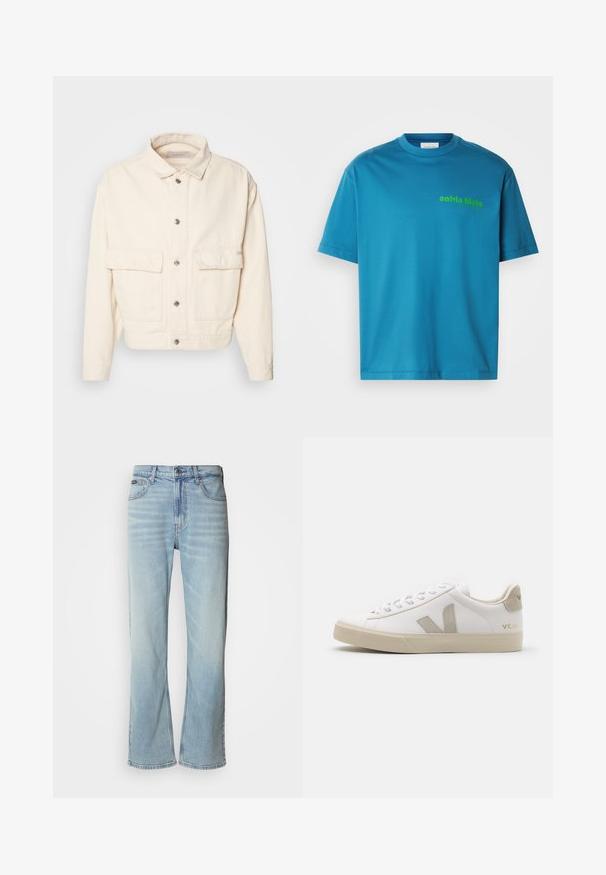 Cream-colored cotton jacket featuring a collar, front buttons, two large chest pockets, and long sleeves. Smooth texture and cropped design.; Turquoise cotton t-shirt, crew neckline, short sleeves, featuring a green "calvin klein" logo printed on the front. Smooth texture.; Light blue denim jeans with a straight-leg cut, featuring five pockets, a button closure, and subtle fading on the fabric.; White leather sneaker with beige accents, flat rubber sole, round toe, and contrasting logo on the side and back. Laced design.