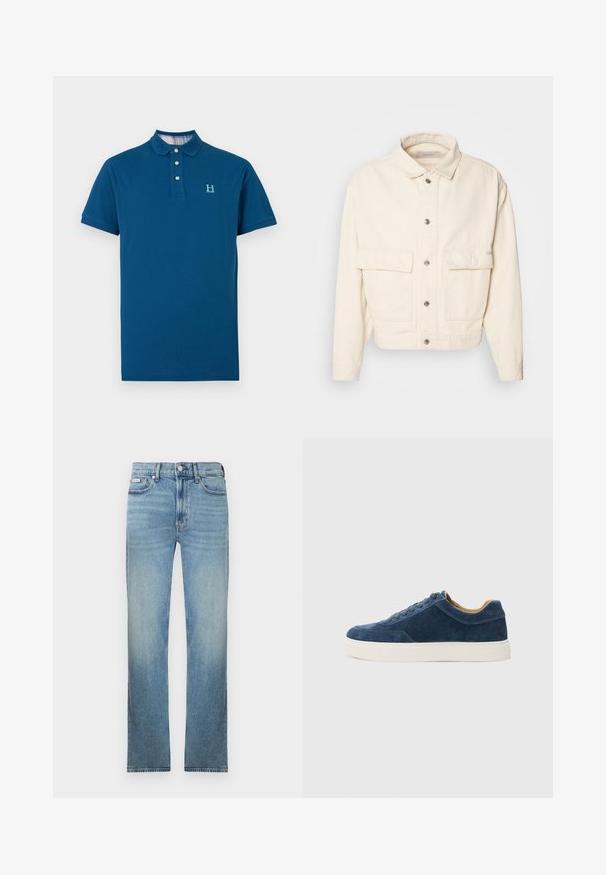 Veste en coton couleur crème avec un col, des boutons sur le devant, deux grandes poches poitrine et des manches longues. Texture lisse et design court.; Polo shirt bleu marine en coton, avec un col à trois boutons, des manches courtes et une surface texturée arborant un logo discret.; Jean en denim bleu clair avec une coupe droite, design à cinq poches, et une finition délavée. Comprend une braguette à boutons et des passants pour ceinture.; Baskets en daim bleu avec semelle en caoutchouc blanc, design à lacets, bout rond et intérieur contrastant en tan. Détails de couture subtils.