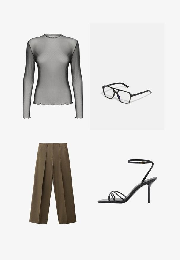 Olivovo zelený blejzer s výstrihom do V, dlhými rukávmi a dvoma prednými vreckami; má hladkú, mierne textúrovanú tkaninu.; Priehľadný čierny top s dlhými rukávmi z jemnej tkaniny s okrúhlym výstrihom a zúbkovanými okrajmi; má hladkú textúru a ľahký dizajn.; Vyššie pásové široké nohavice v olivovo zelenej farbe, s dvoma prednými vreckami a prepleteným dizajnom pre zvýšenú textúru.; Čierne lodičky na vysokom opätku s tenkým popruhom okolo členka, viacerými krížovými popruhmi cez nohu a elegantným štvorcovým špičkovým dizajnom.; Čierne obdĺžnikové okuliare s priehľadnými šošovkami a jemným fialovým nádychom, s elegantnými ramienkami a minimalistickým dizajnom.