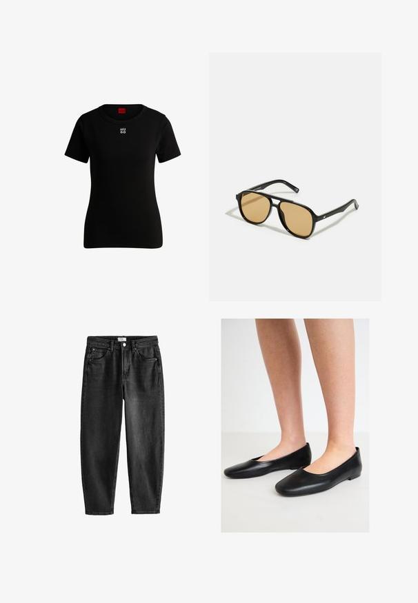 Sort blazer med sbobetter, to forlommer og to knapper. Glat stof med en skræddersyet pasform og strukturerede skuldre.; Sort t-shirt med korte ærmer lavet af blød bomuld, med rund halsudskæring og et lille hvidt "HUGO" logo på brystet. Klassisk pasform.; Sorte denim jeans med straight fit, fem lommer og knaplukning. Har let falmning og syningsdetaljer. Casual design.; Sorte ballerinaer lavet af glat læder med en rund tå og en lav, flad sål, der har et nemt slip-on design uden synlige beslag.; Sorte solbriller med brune tonede linser; rektangulær form med en tyk ramme, herunder diskrete hardwaredetaljer på stængerne.; Brun lædertaske med to robuste håndtag, rektangulær form, glat tekstur og lynlås lukning. Minimalistisk design uden synlige mønstre.