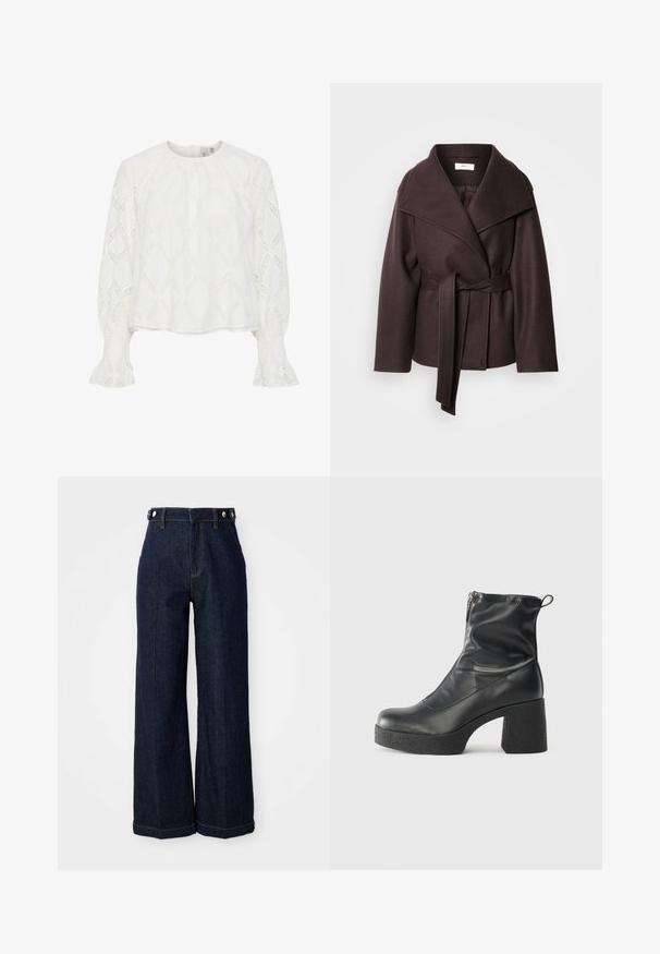 Tamsiai rudas apsiaustas, pagamintas iš vilnos mišinio, su plačiu apykaklės dizainu, ilgomis rankovėmis, derančiu diržu ir be siūlių apdaila.; Balta bluzelė su tekstūruotu deimanto raštu ir pūstomis rankovėmis su susiraukšlėmis. Apvalus iškirptės modelis; lengvas, kvėpuojantis audinys.; Tamsiai mėlynos plačios kojos džinsai, pagaminti iš džinsinio audinio, su aukštu liemeniu, penkių kišenių dizainu ir kontrastingomis oranžinėmis siūlėmis.; Juodos kulkšninių botai, pagaminti iš lygaus odos, su šoniniu užtrauktuku, masyviu tekstūruotu kulnu ir apvaliu pirštu.