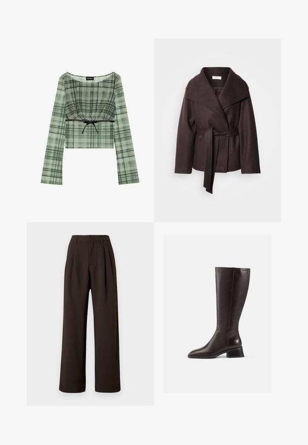 Temno rjav plašč iz volnene mešanice, z širokim ovratnikom, dolgimi rokavi, usklajeno pasom in brezhibnim zaključkom.; Zeleno tartan crops vrh z dolgimi rokavi, s nabranim izrezom in črnimi zapestnicami okoli pasu. Narejen je iz lahkotnega materiala.; Temno rjave široke hlače z visokim pasom z zankami za pas, sprednjimi gubami in skritim sprednjim zapiranjem na belem ozadju.; Rjav usnjeni škornji do kolen z gladko površino, zaobljenim nosom in črnim zloženim petam. Enostavna zasnova z minimalnimi kovinskimi detajli.