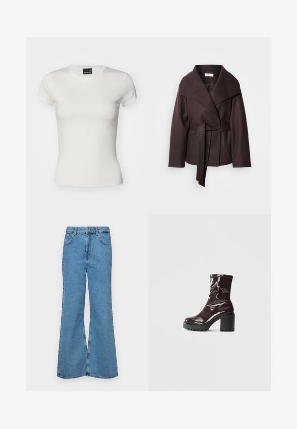 Sötétbarna, gyapjúkeverékből készült kabát, széles gallérral, hosszú ujjaival, illeszkedő övével és zökkenőmentes kidolgozással.; Fehér, rövid ujjú póló, pamutból készült. Klasszikus kerek nyakkivágással és sima textúrával rendelkezik, testhezálló kivitelben. Márkacímke látható.; Világoskék, trapézszárú farmernadrág, magas derékkal, öt zsebbel és egy gombos záródással. Puha tapintású, magasított effektusú anyag.; Fényes bordó bokacsizma vastag fekete sarokkal, sima felülettel és egyszerű dizájnnal. Nincsenek látható zárak vagy minták.