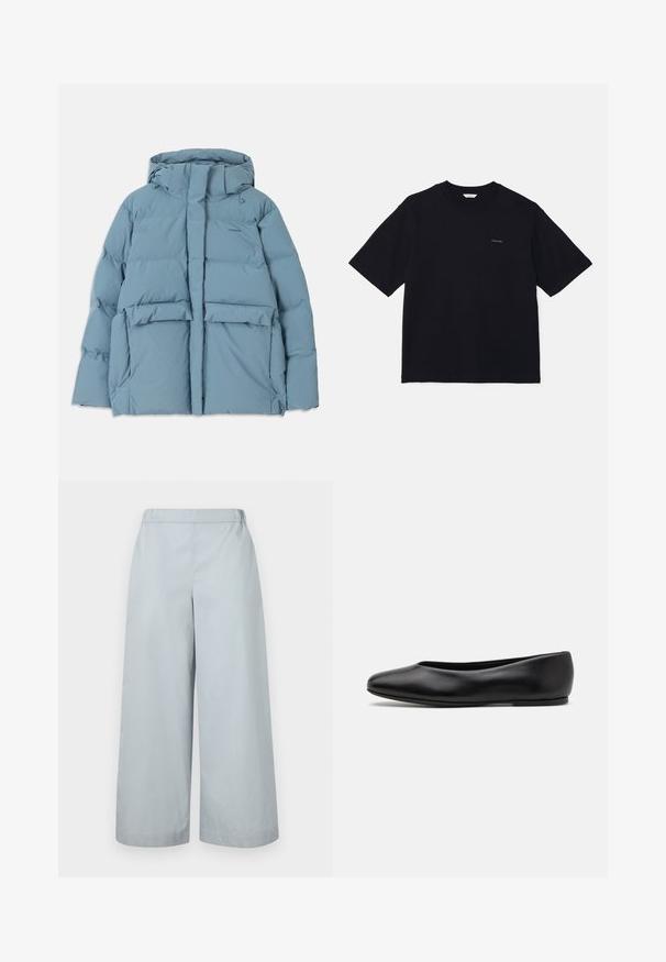 Casaco puffer azul claro com capuz, apresentando um fecho de correr, dois bolsos frontais e um design acolchoado para isolamento.; T-shirt preta de manga curta, feita de algodão, com decote redondo e um pequeno logótipo no lado esquerdo do peito. Textura suave e corte descontraído.; MM ANTILLE - Calças - light blue; Paul Smith TOPANGA - Sabrinas - black