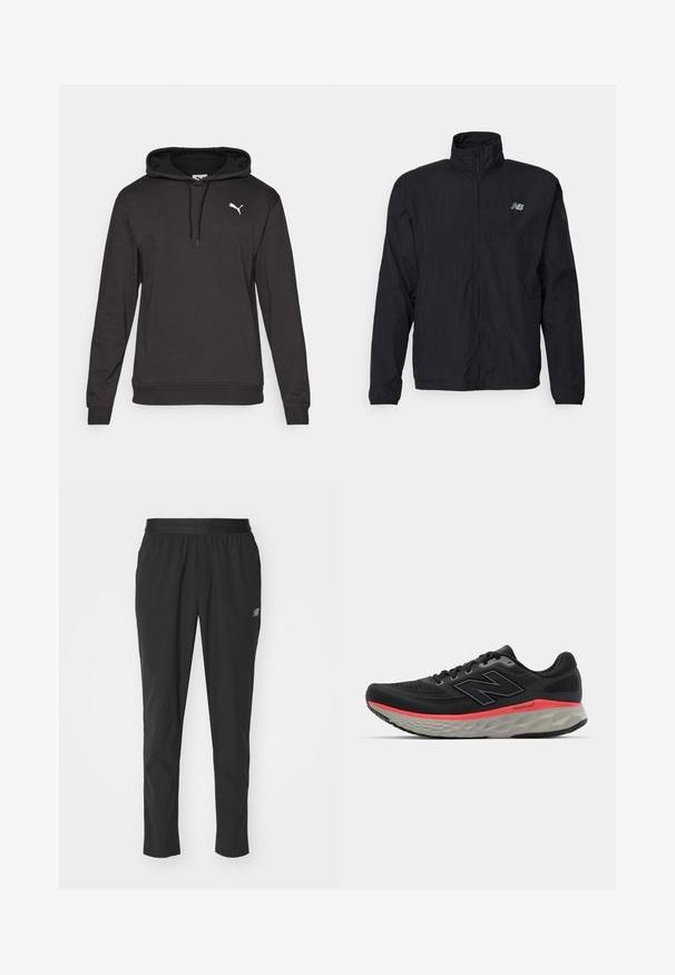 Giacca a vento nera con colletto alto, chiusura zip e materiale leggero. Presenta un logo sul petto e polsini elastici per una vestibilità aderente.; Felpa nera a maniche lunghe con tasche frontali, cappuccio con coulisse, polsini a coste e piccolo logo bianco Puma sul lato sinistro del petto.; Pantaloni sportivi neri realizzati in materiale leggero, con una vita elastica, design affusolato e un discreto dettaglio del logo sul lato.; Scarpa da corsa nera con tomaia in mesh, accentuata da una striscia rosa nella suola intermedia e una suola grigia. Presenta dettagli testurizzati e un design della suola flessibile.