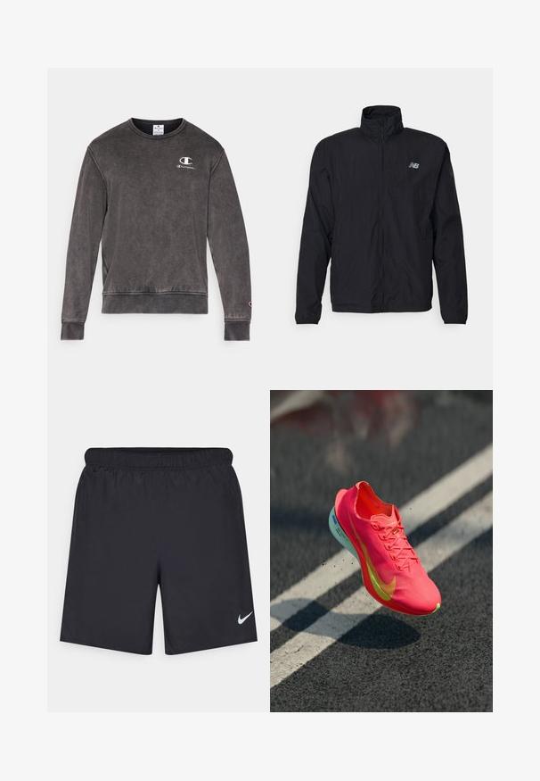 Fekete széldzseki magas gallérral, cipzárral az elülden és könnyű anyagból készült. A mellkason logó található, és rugalmas mandzsettákkal rendelkezik a kényelmes illeszkedés érdekében.; Sötét szürke, pamut keverékből készült pulóver, kerek nyakkivágással, bordázott mandzsettákkal és egy kis hímzett logóval a mellrészen.; Fekete sportnadrág könnyű anyagból, rugalmas derékkal. A bal alsó oldalon egy kis fehér Nike-logó található.; Fényes rózsaszín futócipő, texturált felsőrésszel, sárga részletekkel és könnyű talppal, amely egy sötét felületről enyhén visszapattan.