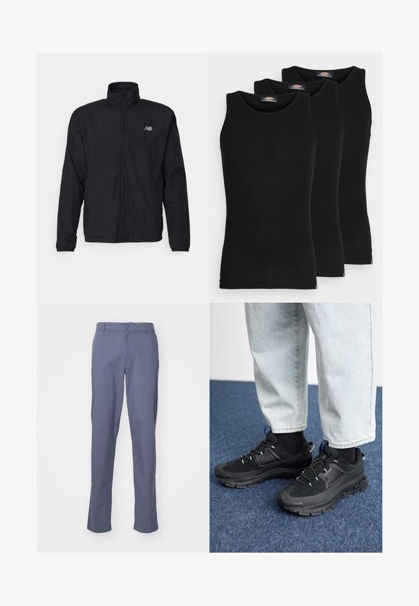 Jachetă neagră tip windbreaker cu guler înalt, fermoar frontal și material ușor. Prezentă logo pe piept și manșete elastice pentru o potrivire strânsă.; Tricouri negre fără mâneci, vândute într-un pachet de trei. Textură râscută, decolteu standard tip crew. La tiv se află un mic logo al brandului.; Pantaloni drept, de culoare albastră, confecționați dintr-un material ușor, cu o textură netedă, având buzunare frontale și o închidere cu buton la talie.; Pantofi sport negri, cu țesătură texturată și tălpi din cauciuc, având șireturi elastice și un accent albastru pe toc. Purtați cu pantaloni din denim deschis.