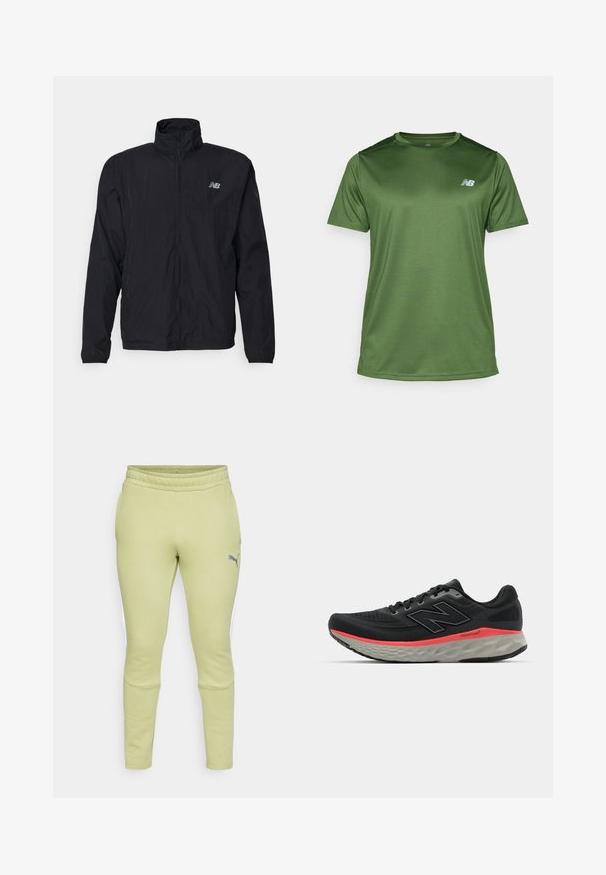 Crni windbreaker s visokim ovratnikom, prednjim zipom i laganim materijalom. Sadrži logo na prsima i elastične manžete za čvrsto prianjanje.; New Balance Sportska majica - dark alpine green; Svijetlozelene trenirke s uskim krojem, elastičnim pojasom, bočnim džepovima i malim sivim Puma logotipom na lijevom bedru.; Crne trkačke tenisice s mrežastim gornjim dijelom, naglašene ružičastom prugom na srednjem dijelu i sivim potplatom. Sadrže teksturirane detalje i fleksibilan dizajn potplata.