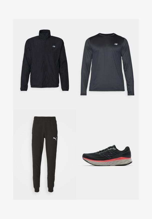 Zwarte windbreaker-jack met hoge kraag, ritssluiting aan de voorkant en lichtgewicht materiaal. Kenmerken zijn een logo op de borst en elastische manchetten voor een perfecte pasvorm.; Langzaam mouw atletisch shirt in zwart, gemaakt van soepele, lichte stof met een subtiele textuur. Voorzien van een klein logo op de bovenste linkerborst.; Zwarte sweatpants met een elastische tailleband, taps toelopende benen en een wit Puma-logo op de linkerdij. Gemaakt van zachte stof met een gladde textuur.; Zwarte hardloopschoen met een bovenwerk van mesh, geaccentueerd door een roze tussenzoolstreep en een grijze outsole. Bevat textuurdetails en een flexibele zoolontwerp.