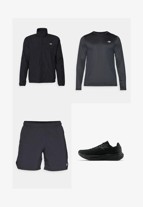 Zwarte windbreaker-jack met hoge kraag, ritssluiting aan de voorkant en lichtgewicht materiaal. Kenmerken zijn een logo op de borst en elastische manchetten voor een perfecte pasvorm.; Langzaam mouw atletisch shirt in zwart, gemaakt van soepele, lichte stof met een subtiele textuur. Voorzien van een klein logo op de bovenste linkerborst.; Zwarte sportshorts van lichtgewicht stof, met een elastische tailleband en zijsplitten voor bewegingsvrijheid. Minimaal merklogo aan de zijkant.; Zwarte sportieve schoen met een gestructureerde bovenkant, voorzien van een strak ontwerp, vetersluiting en een dikkere, profielzool voor verbeterde grip.