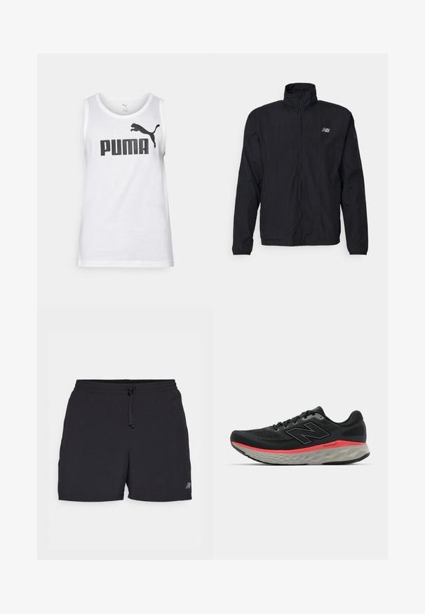 Črn vetrobran s visokim ovratnikom, zadrgo spredaj in lahko tkanino. Ima logotip na prsih in elastične manšete za tesno prileganje.; Bela bombažna majica brez rokavov z velikim črnim logotipom "PUMA" in grbom poskočnega pume. Okrugli dekolte in brezrokavnik.; Črne športne kratke hlače iz lahkega materiala. Imajo elastičen pas z vrvico, stranske žepe in majhen logotip.; Črne tekaške čevlje z mrežastim zgornjim delom, okrašene s roza srednjim delom podplata in sivo podplatom. Imajo teksturirane podrobnosti in prilagodljivo zasnovo podplata.