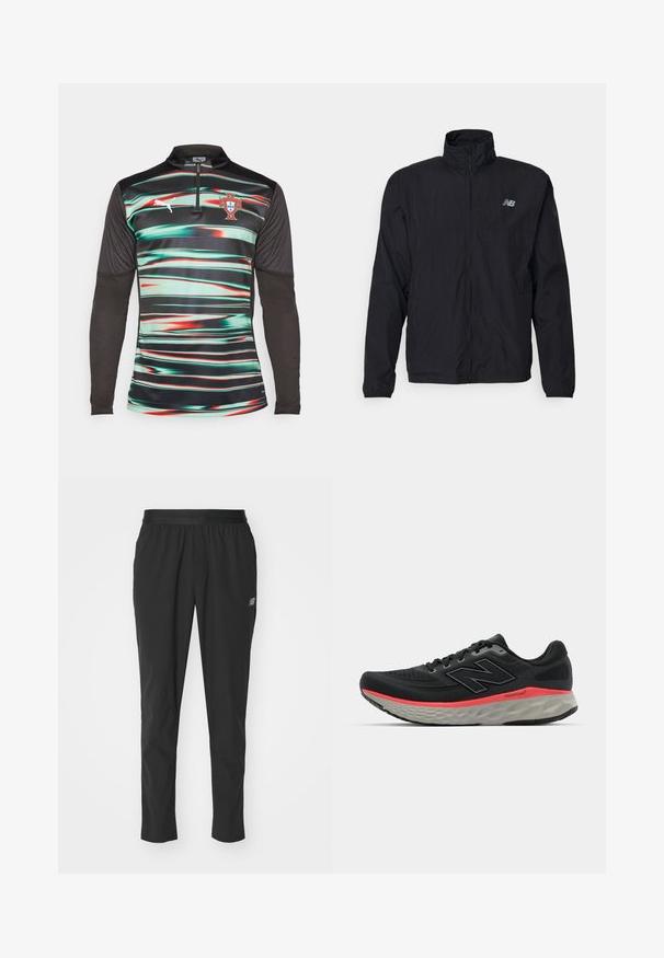 Schwarze Windjacke mit hohem Kragen, Reißverschluss vorne und leichtem Material. Mit Logo auf der Brust und elastischen Bündchen für einen enganliegenden Sitz.; Puma Langarm-Sportshirt mit grünen und roten horizontalen Streifen auf Schwarz, einem Viertelreißverschluss-Kragen und einem Portugal-Abzeichen auf der Brust.; Schwarze Sporthosen aus leichtem Material mit elastischem Bund, schmalem Schnitt und dezentem Logodetail an der Seite.; Schwarzer Laufschuh mit Obermaterial aus Mesh, akzentuiert durch einen rosa Mittelsohlenstreifen und grauen Außensohle. Verfügt über strukturierte Details und ein flexibles Sohlen-Design.