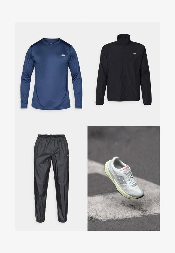 Schwarze Windjacke mit hohem Kragen, Reißverschluss vorne und leichtem Material. Mit Logo auf der Brust und elastischen Bündchen für einen enganliegenden Sitz.; Navy langärmliges Sportshirt aus strukturiertem Stoff, mit runder Halslinie und kontrastierenden Schulterakzenten. Logo auf der Brust.; Schwarze wasserdichte Regenhose für Herren, aus leichtem synthetischem Material, mit elastischem Bund und schmal zulaufendem Bein.; Leichter Laufschuh mit einem weißen Mesh-Obermaterial, gelber Zwischensohle und grauen Akzenten. Enthält ein auffälliges ‚N‘-Logo und eine strukturierte Oberfläche.