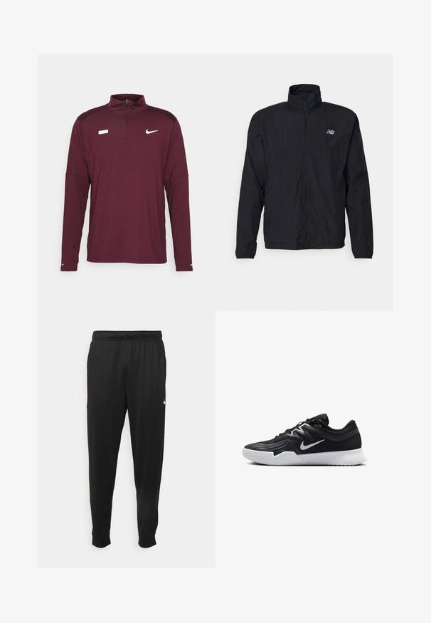 Sort vindjakke med høj krave, lynlås foran og letvægtsmateriale. Har logo på brystet og elastiske manchetter for en tæt pasform.; Nike Performance Sports T-shirts - night maroon; Sorte atletiske bukser lavet af glat stof, med elastisk talje, smalnende ben og et lille hvidt logo på venstre side.; Sort atletiksko med en tekstureret overdel, hvid Nike swoosh og en hvid gummisål. Har en snørret design og dynamisk form.
